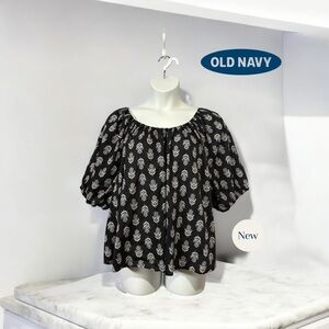 NWOT, Old Navy, Black Puff Sleeve Peasant Top, 3X, Leaf Print